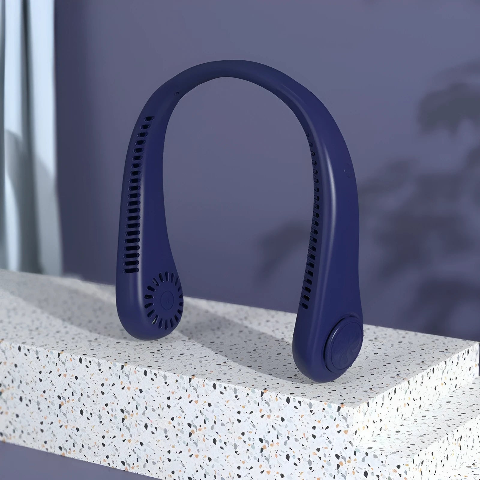 Blue USB rechargeable bladeless neck fan with adjustable wind speed settings