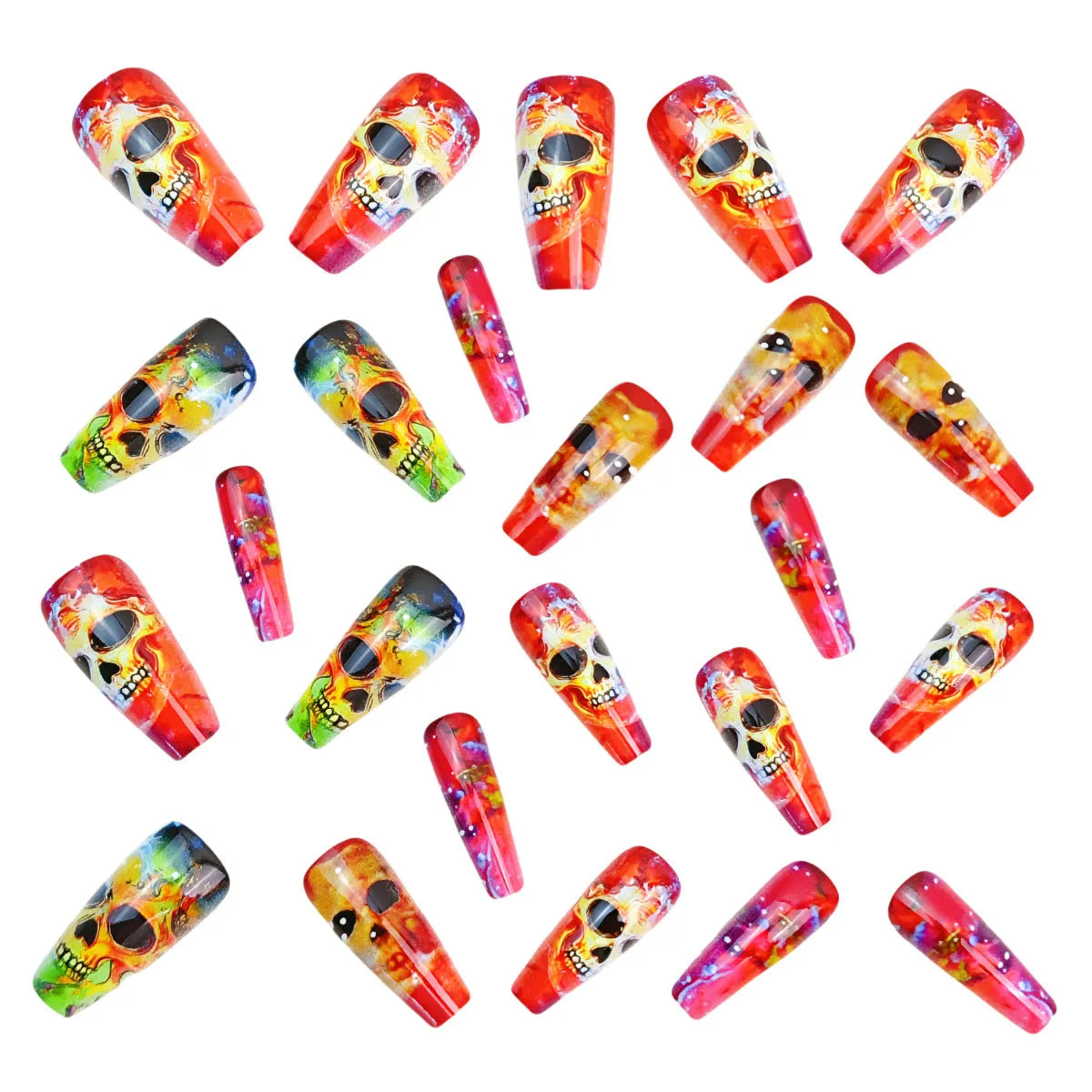 Halloween multicolor gradient skull pattern nail stickers in ballet type shape with jelly glue and rolling strips