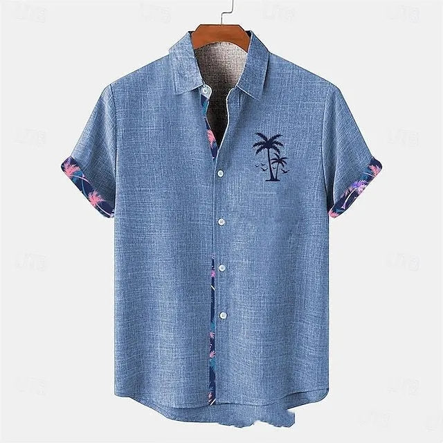 Linen short-sleeved casual shirt with a printed ocean fish pattern, shown in a loose fit.