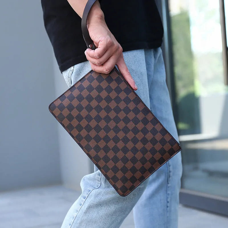 Men's soft PU leather clutch wallet open showing six card slots, bill slots, and a zipper pocket