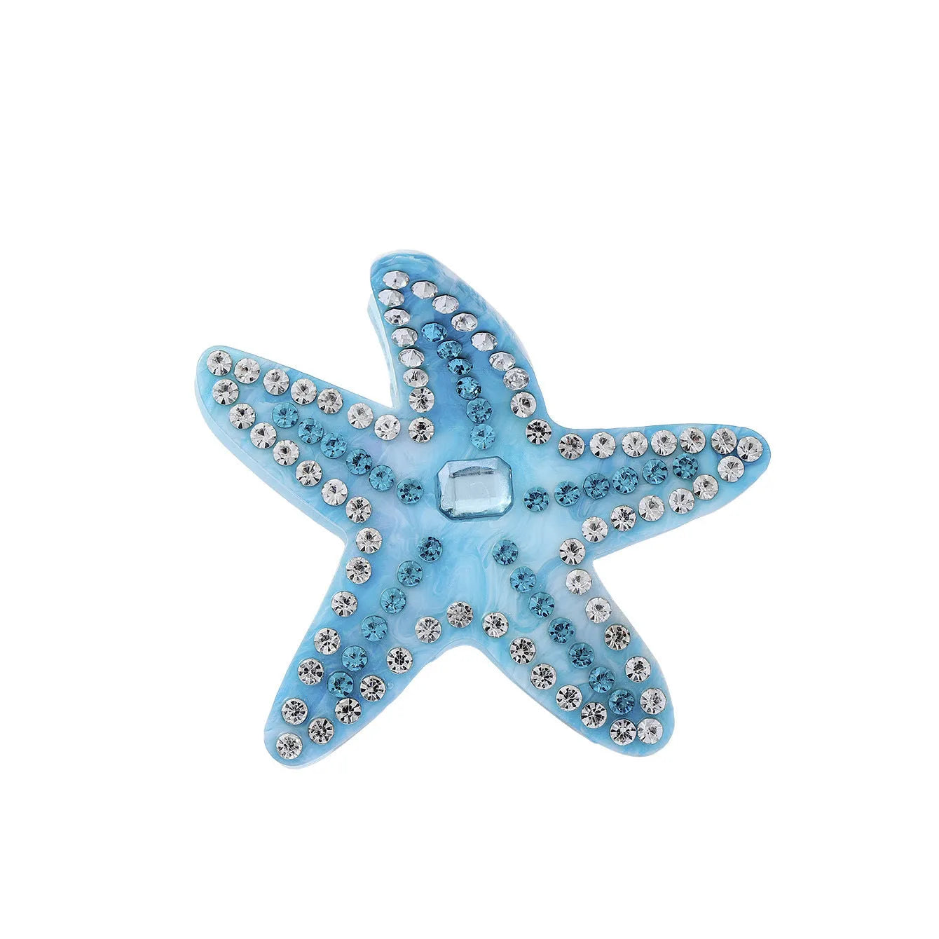 Acrylic starfish hairpin with diamond encrusted surface in blue colour, 8cm length