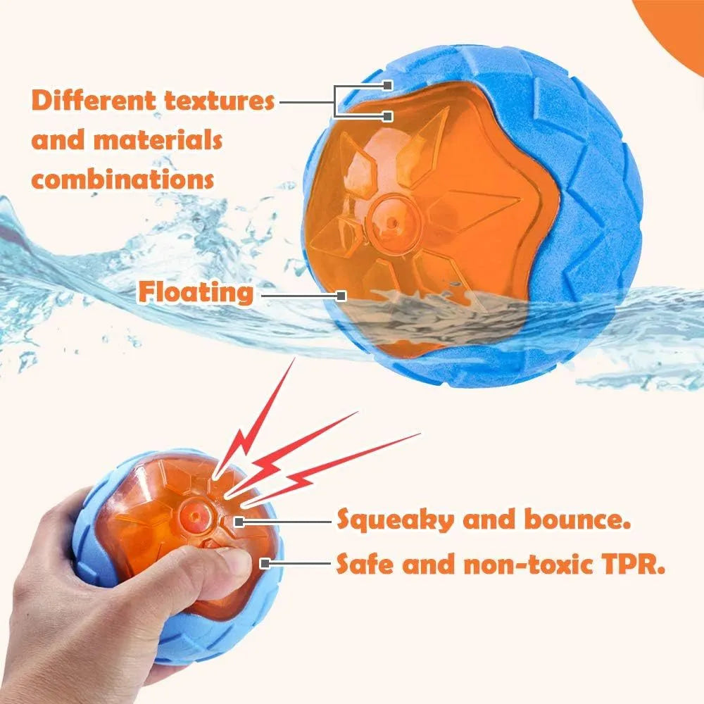 Set of three TPR dog toys: a red ball, blue barbell, and orange tyre on a blue background.