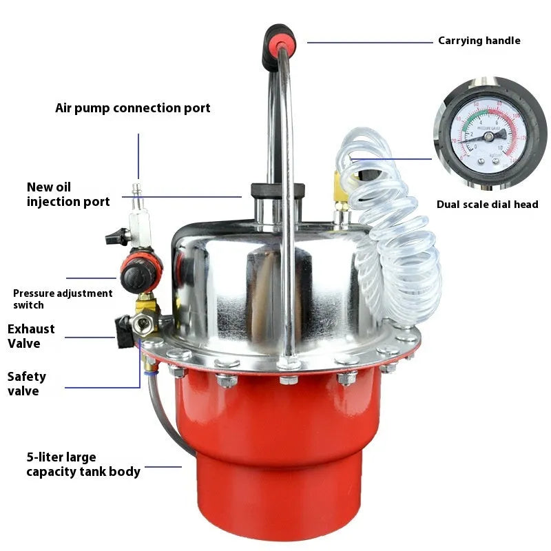 Pneumatic brake fluid replacement machine with pressure gauge and large fluid tank for automotive workshop use.