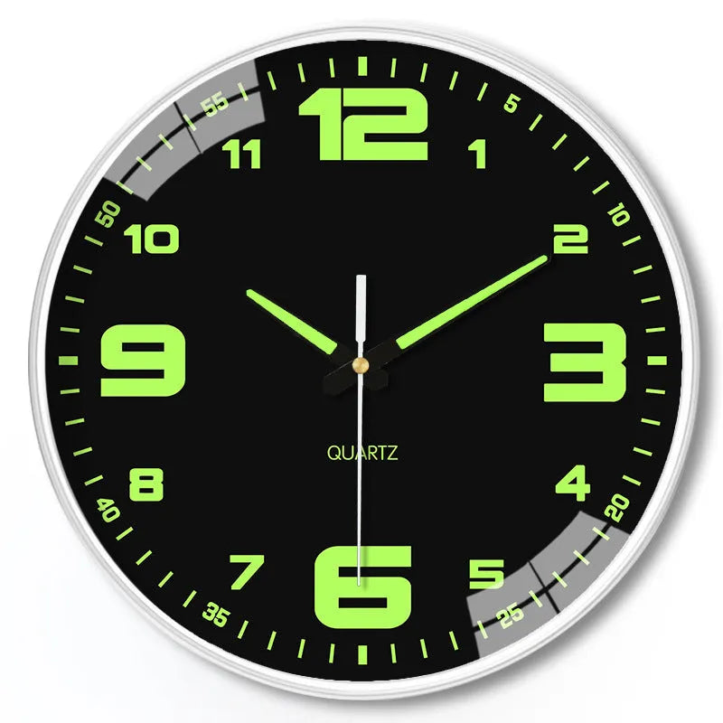 Modern 8 inch luminous wall clock with 20cm diameter white dial on a plastic casing.