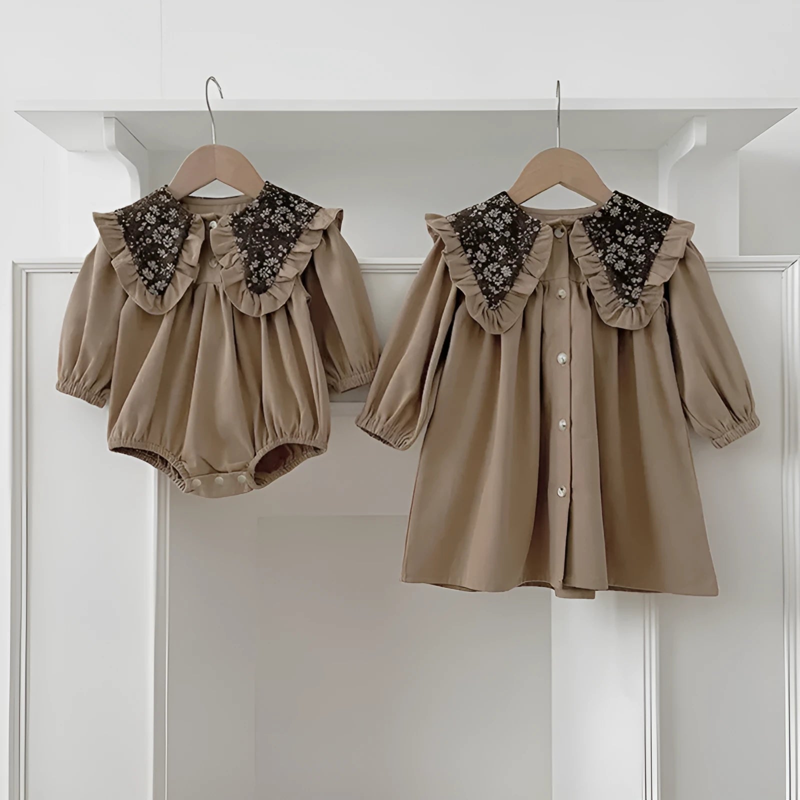 Toddler in long sleeve cotton romper dress with floral collar in brown, suitable height 90cm