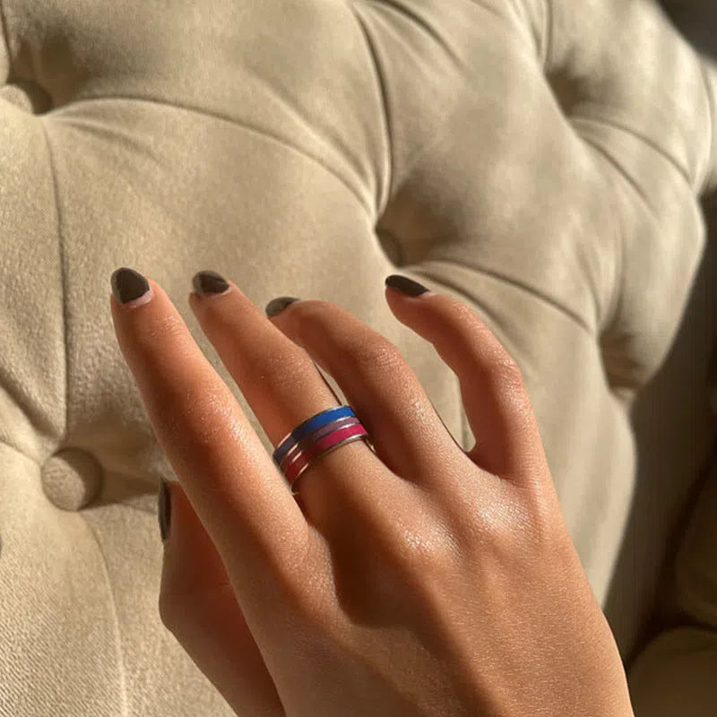 Bisexual pride stainless steel ring, geometric unisex alternative style, available in sizes 6 to 13