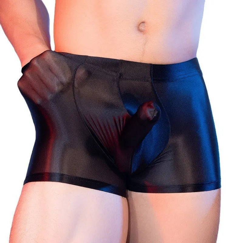Red men's boxer shorts with elephant nose design, made from thin breathable nylon fabric.