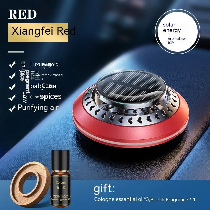 Solar-powered aluminium alloy car air freshener and purifier unit on a dashboard