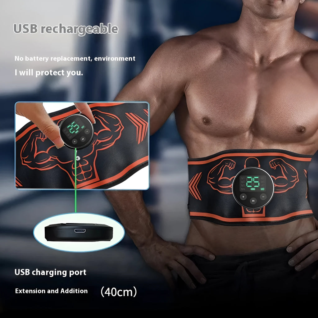 EMS smart massage fitness belt with rechargeable host unit in orange or blue colour options