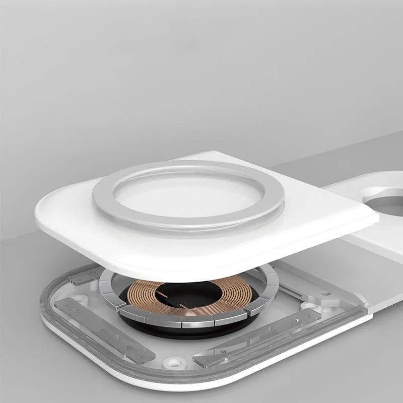 White folding dual magnetic desktop wireless charger with USB Type C ports, 190x11x80 mm, on a desk