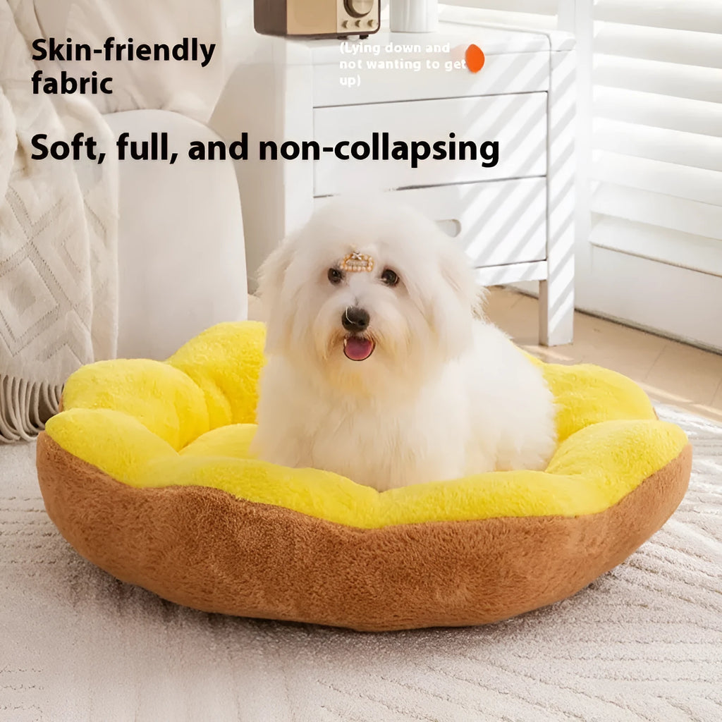 Round rabbit plush cat bed with raised edges in brown gray colour, shown with detachable cover