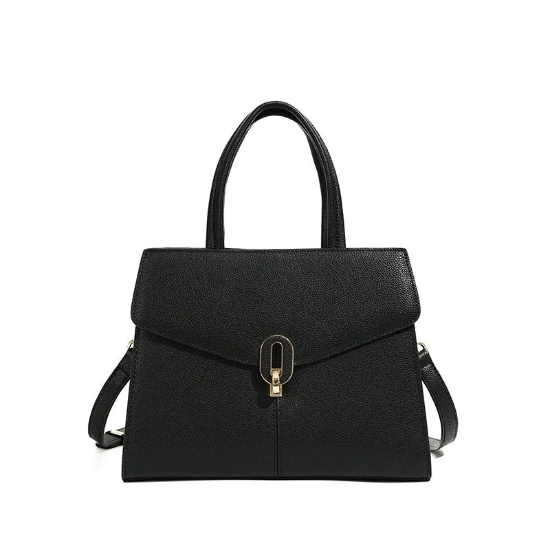 Genuine leather box handbag with litchi pattern and lock detail in brown
