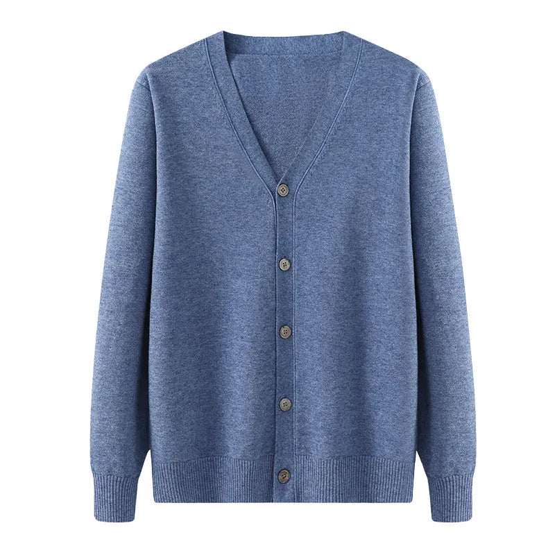 Men's loose-fit Andy velvet cardigan coat in dark blue with V-neck and long sleeves.