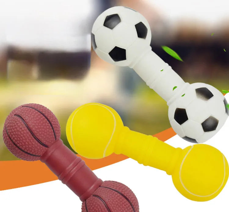 Football dumbbell shaped dog chew toy with squeaker in brown, orange, white, and yellow colour options.