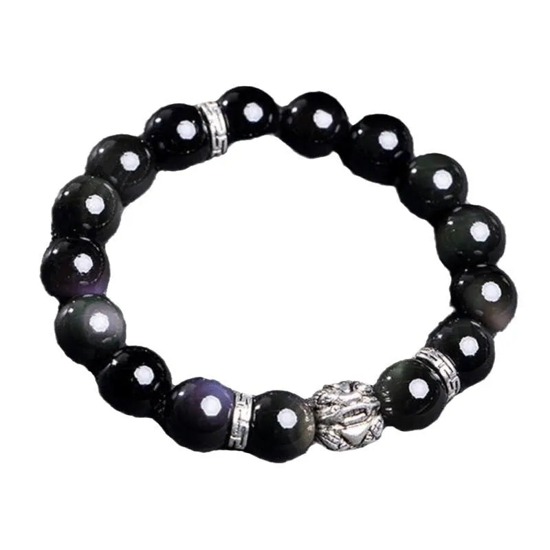 Obsidian bracelet with silver 999 detail and lucky colour eye beads in 10mm and 12mm sizes.