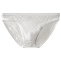Men's low waist transparent lace underwear shorts in a solid colour on a neutral background.