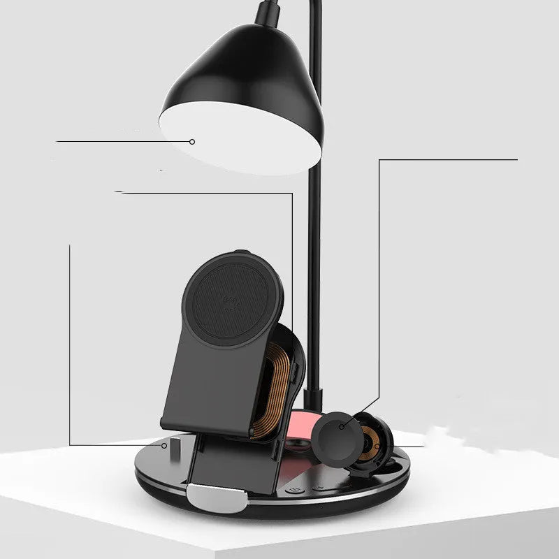 Magnetic folding wireless charger showing three panels with black plastic construction