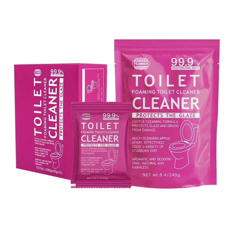 Toilet bubble powder in blue ocean and pink floral fragrance options with 40g bags or 240g bag