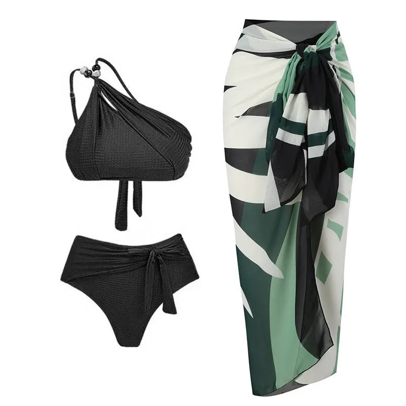 Brown high waist push up bikini swimsuit with a split chiffon dress detail for women
