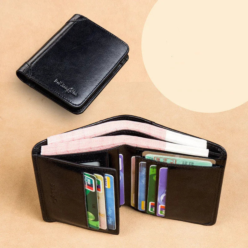 Men's leather wallet showing internal compartments for cards, cash, coins and documents