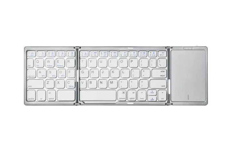 Three folding wireless Bluetooth keyboard with touch pad in black, 30.4 cm wide, folded position