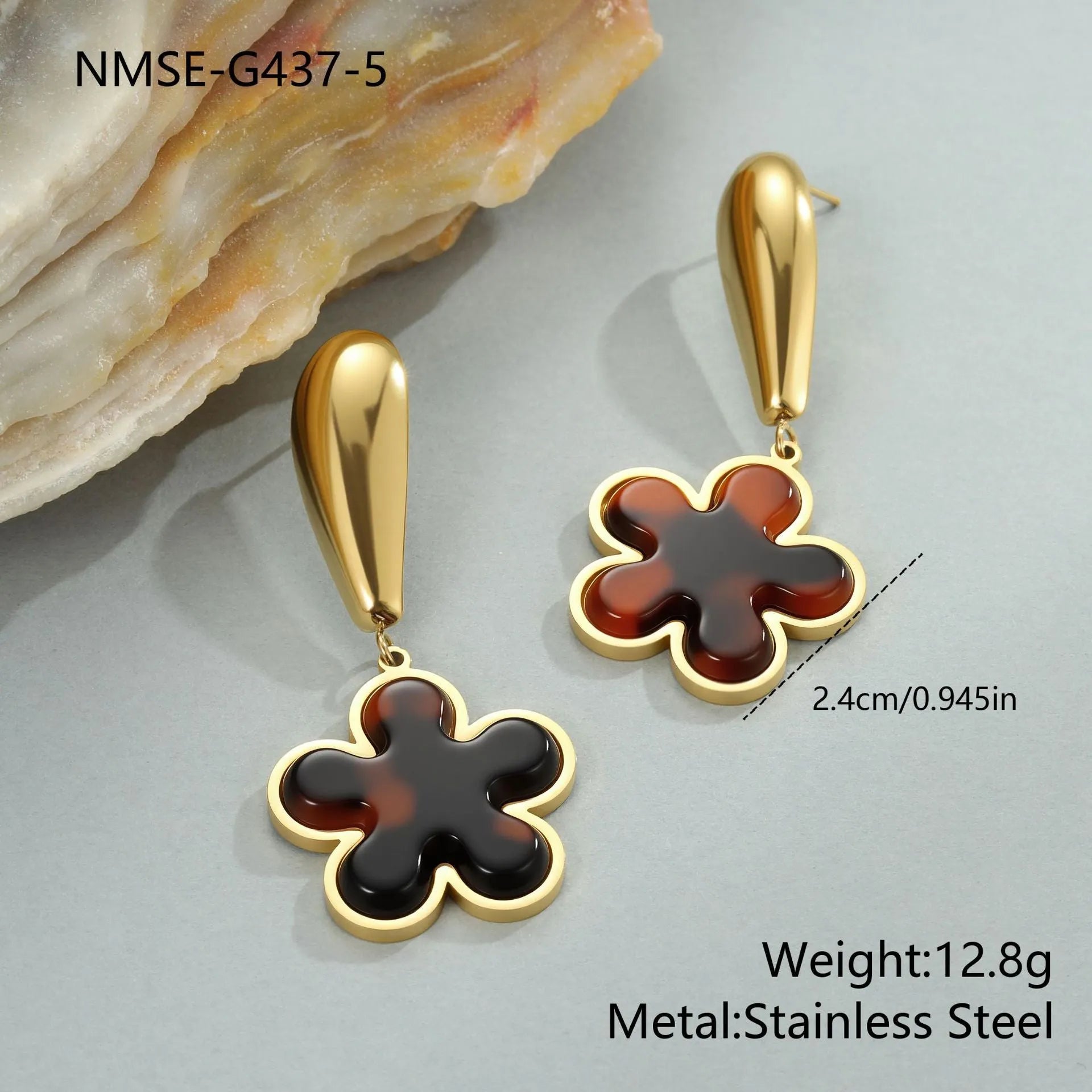 Tortoiseshell resin hawksbill colour earrings with stainless steel construction and geometric designs