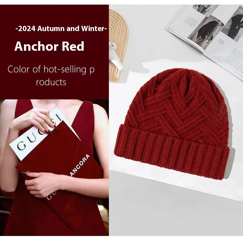 Wool knitted women's hat with dome crown in ankela red colour showing knitted texture