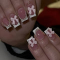 Short square white French manicure nail art set with bow designs and gel adhesive
