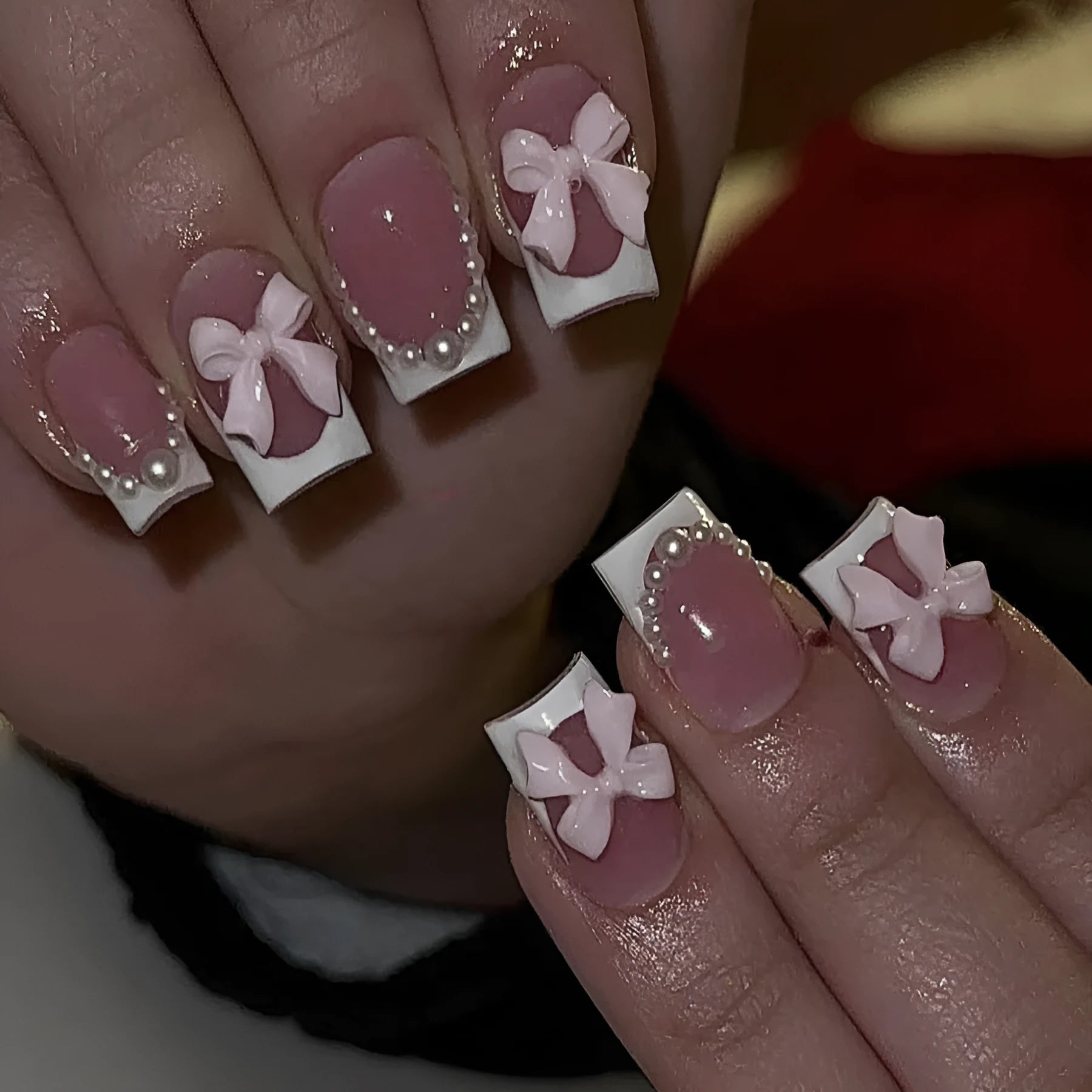 Short square white French manicure nail art set with bow designs and gel adhesive