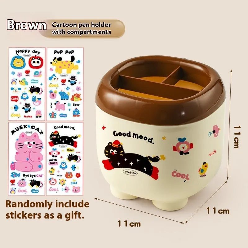 Cartoon-style red and brown plastic desktop storage box with grid compartments for organising pens and stationery.