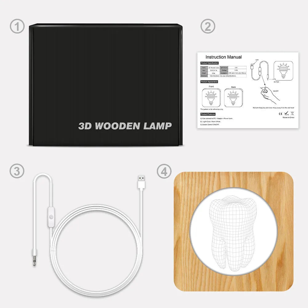 Tooth shaped wood coloured plastic USB night lamp on a surface