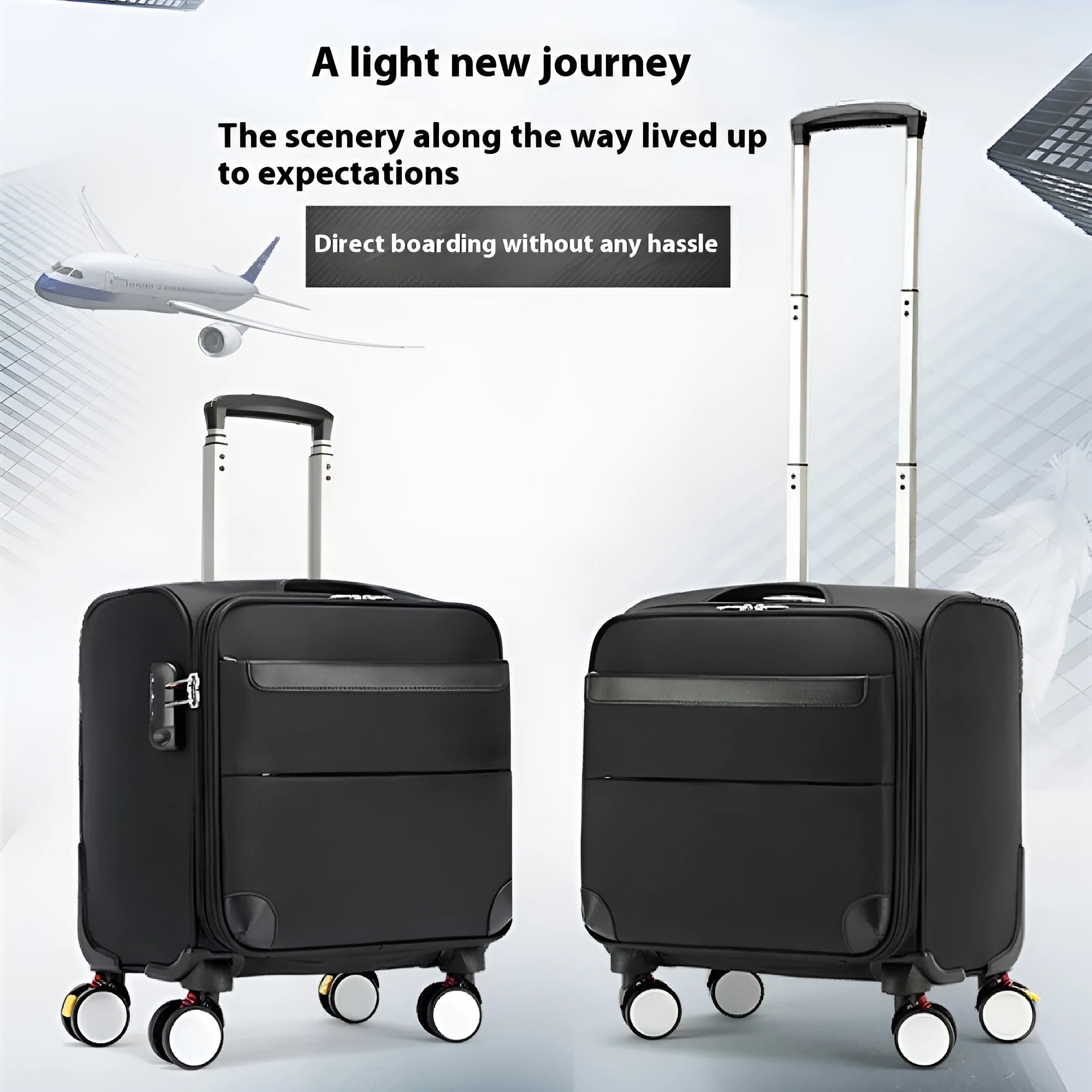 18 inch black Oxford cloth business travel suitcase with telescopic handle and universal wheels.