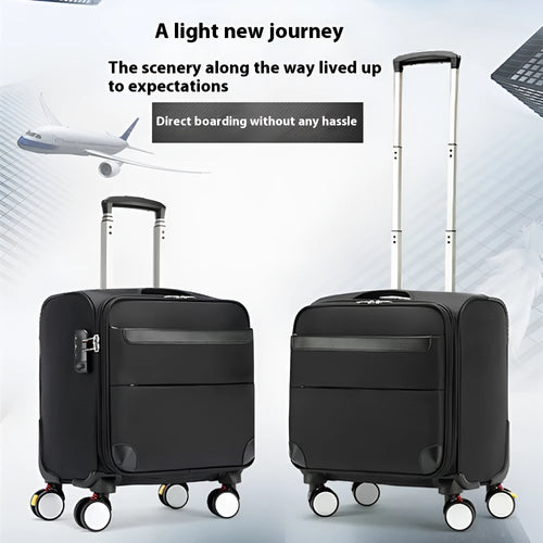 18 inch black Oxford cloth business travel suitcase with telescopic handle and universal wheels.