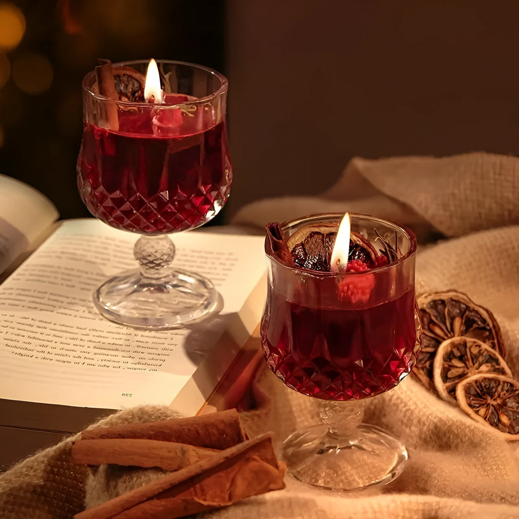 Scented candle in glass goblet with jelly crystal layer French mulled wine style home fragrance