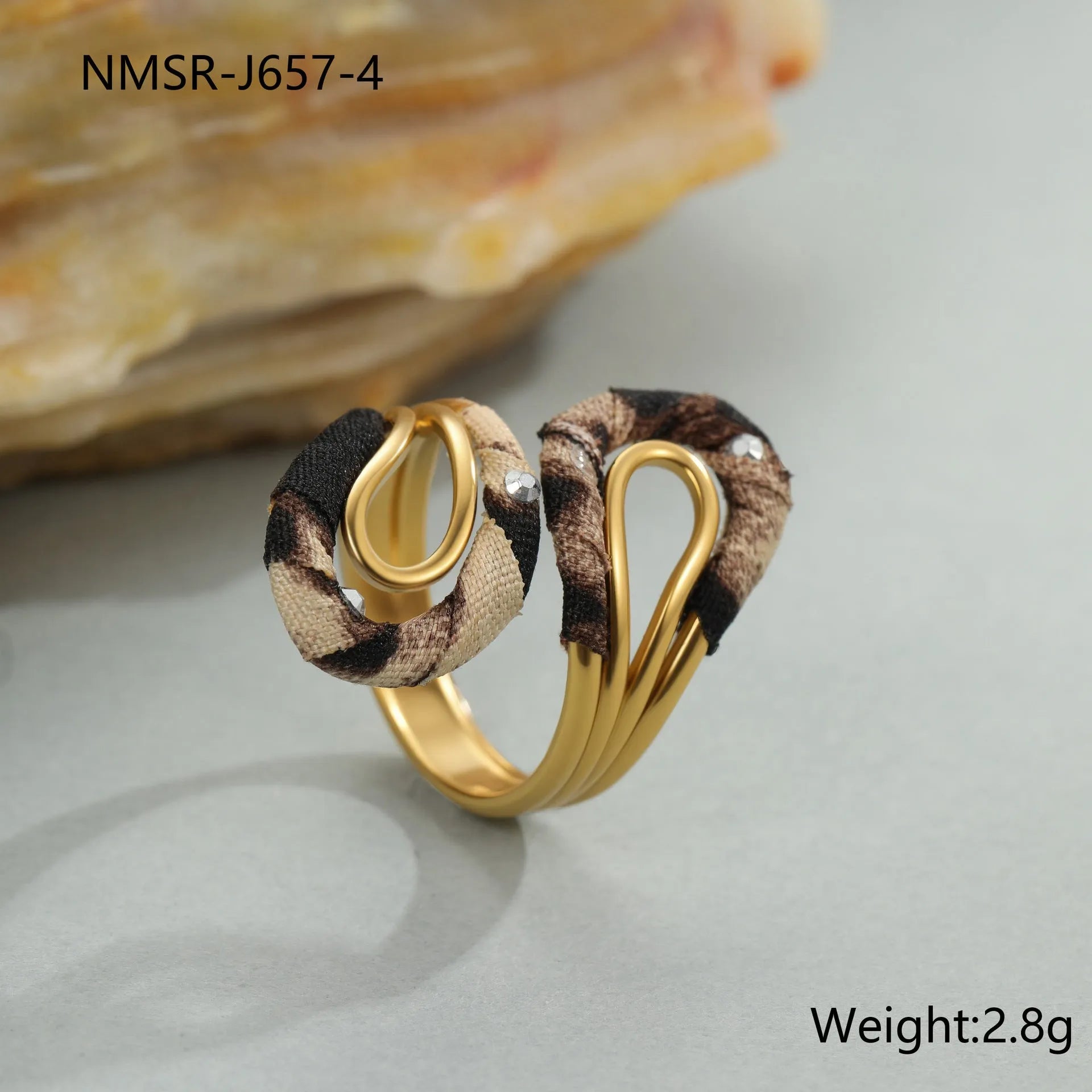 Women's adjustable stainless steel ring with geometry heart and star shapes featuring leopard print design