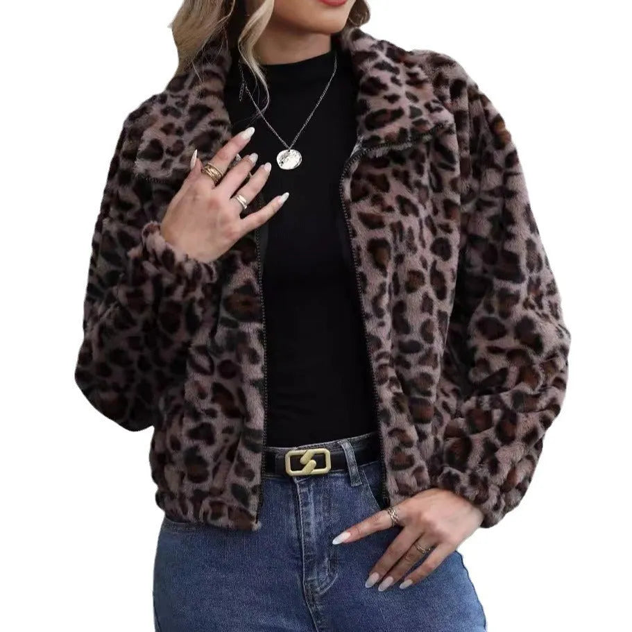 Women's leopard print plush coat with zipper front and loose fit styling