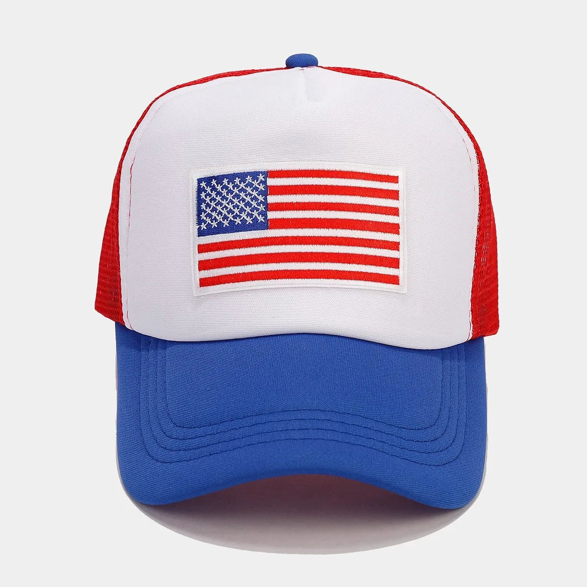 Red and blue Space Cotton mesh baseball cap with adjustable sizing and dome crown