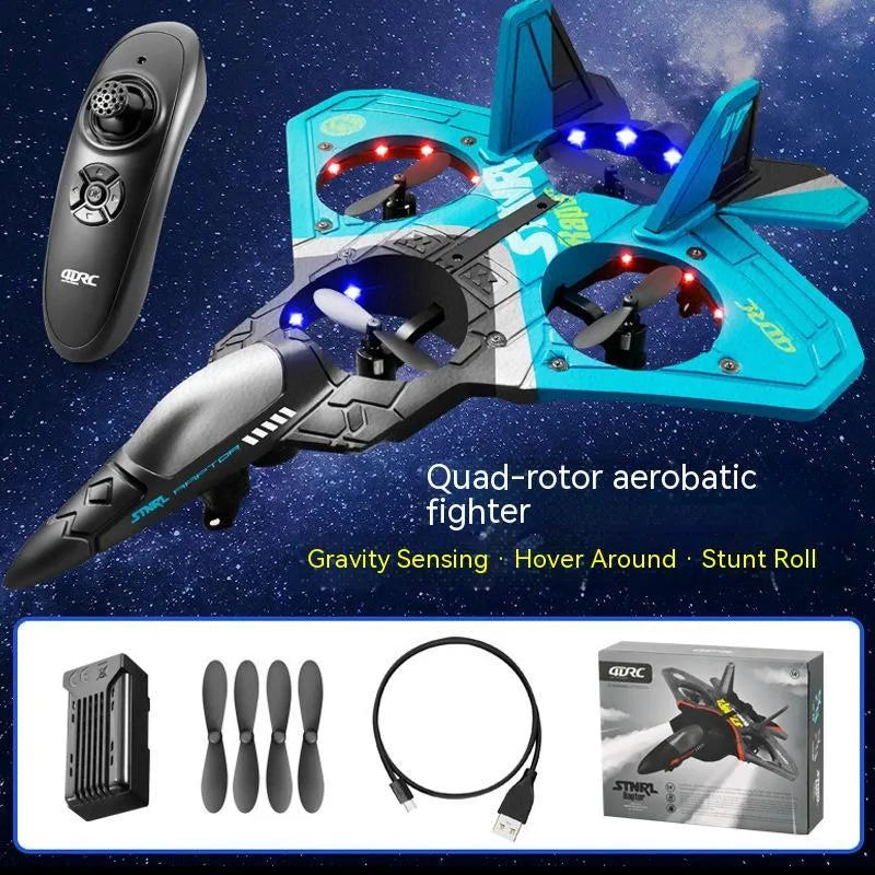 V17 children's remote control fighter drone in blue with foam body and propeller