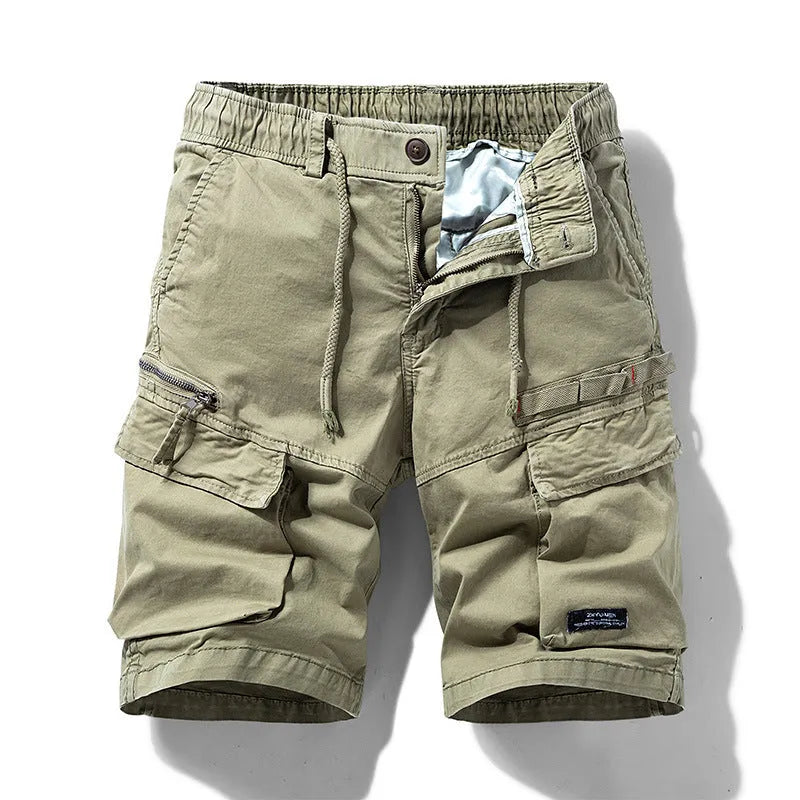 Men's cotton shorts in army green with multiple pockets and zipper closure in Korean style cut