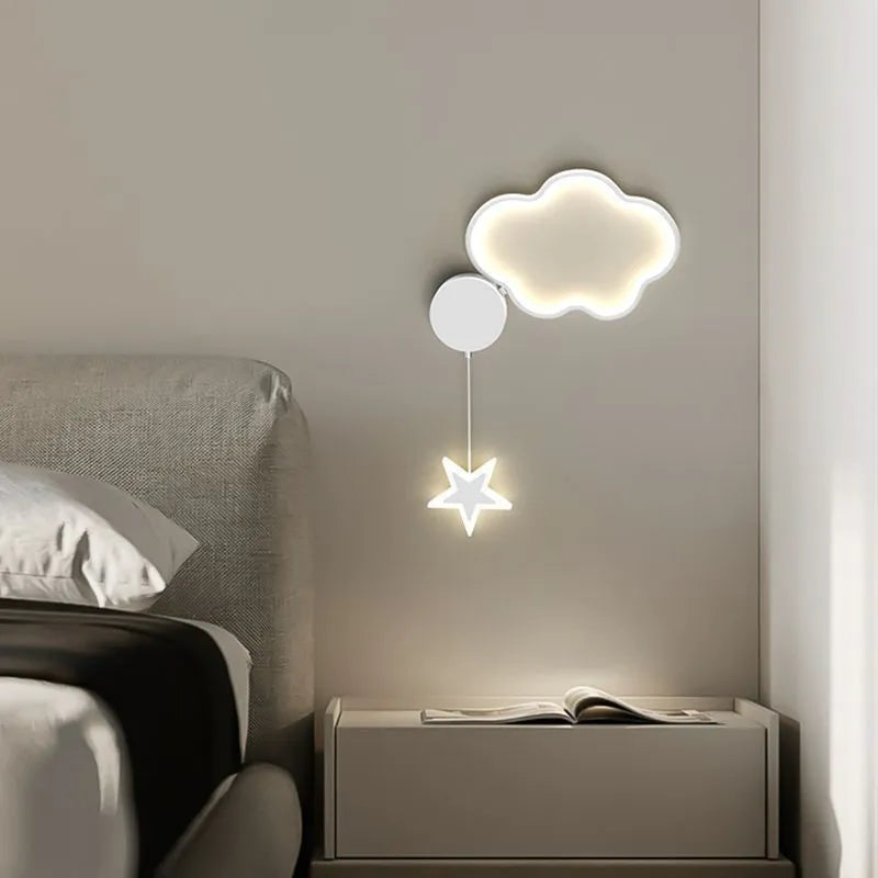 Children's cartoon cloud star wall lamp with LED light in black or white finish