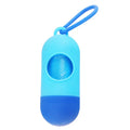 Plastic dog waste bag dispenser holder with a side hook, shown in blue colour