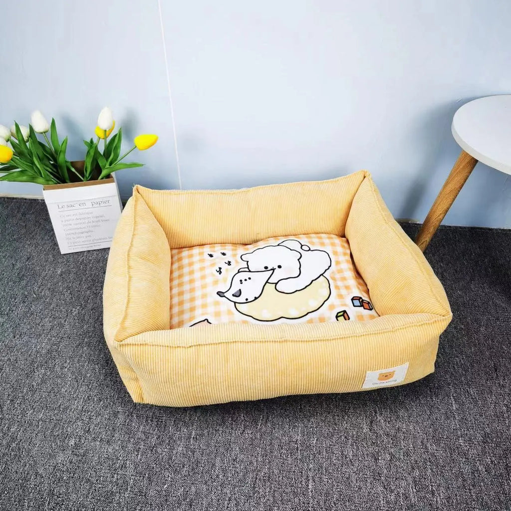 Light blue washable cotton pet winter nest for dogs and cats on a floor.
