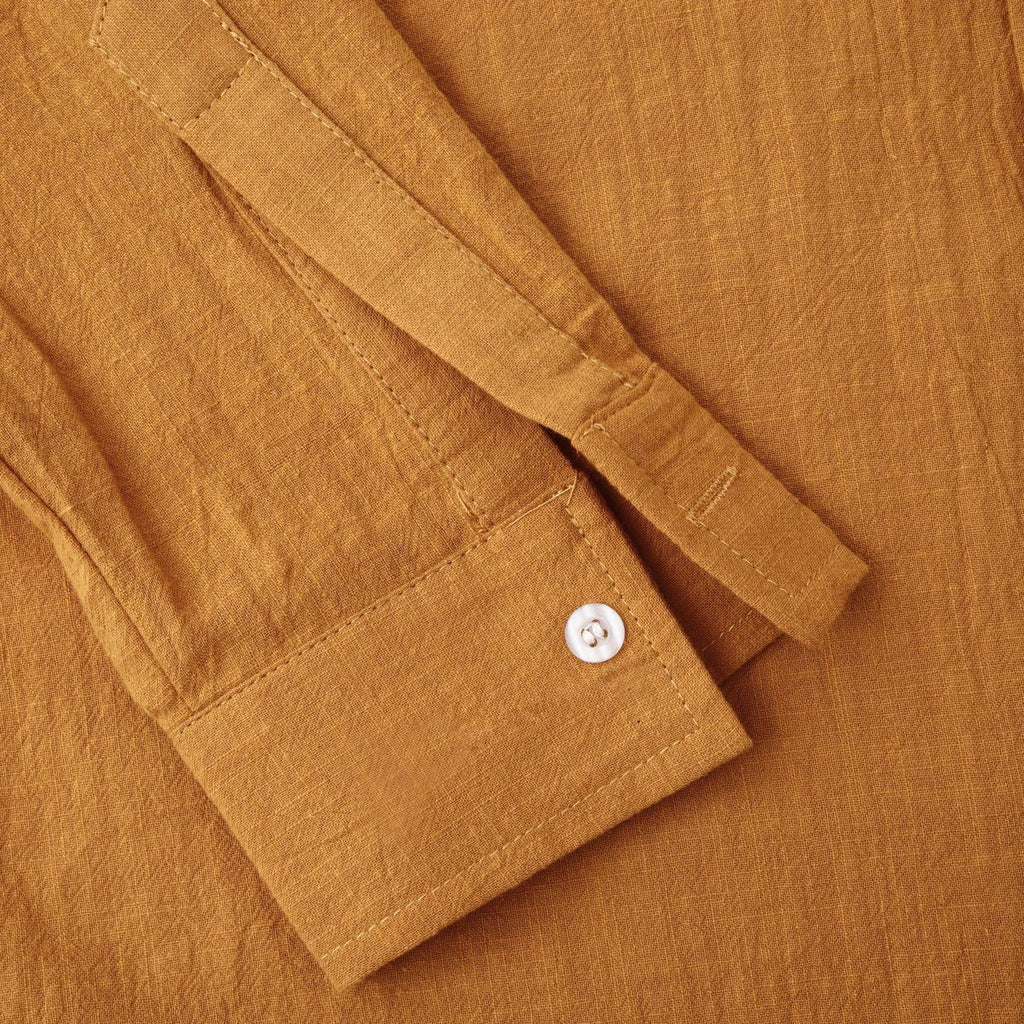 Men's brown cotton blend casual shirt and pants set with long sleeves showing size options
