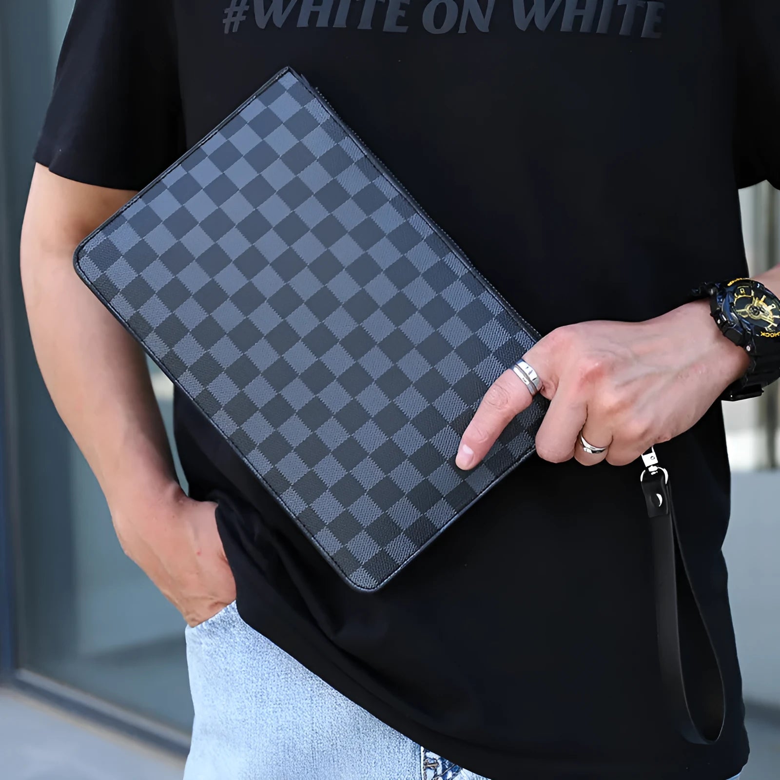 Men's soft PU leather clutch wallet open showing six card slots, bill slots, and a zipper pocket