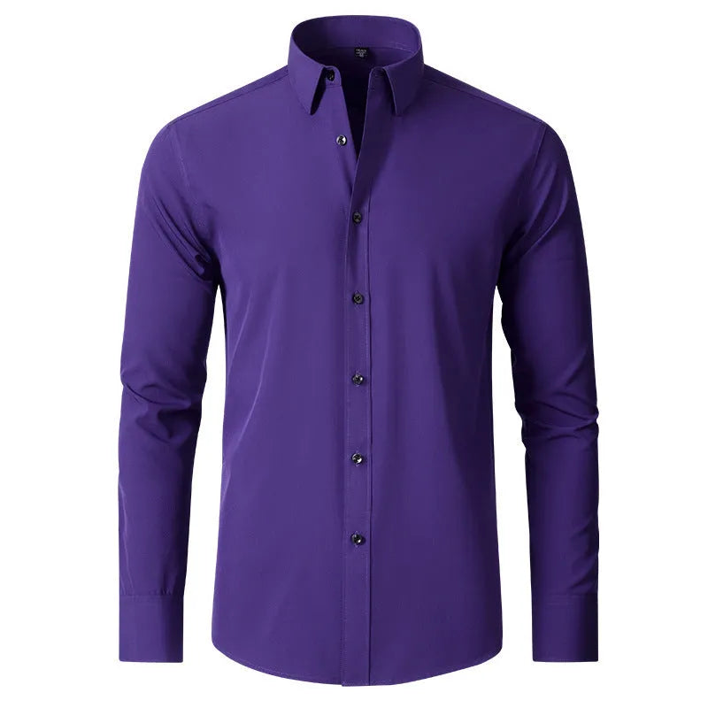 Korean slim-fit solid colour men's shirt in navy blue long sleeve non-iron chemical fibre blend casual shirt
