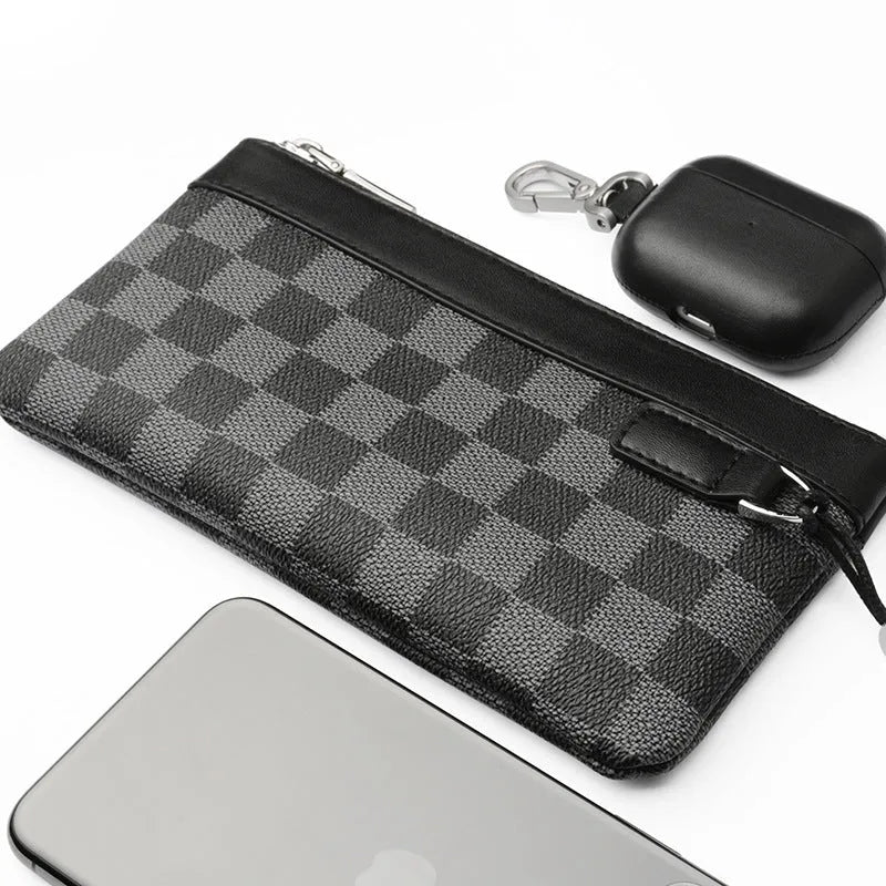 Black men's leather clutch wallet showing first layer cowhide construction and 20x10cm dimensions