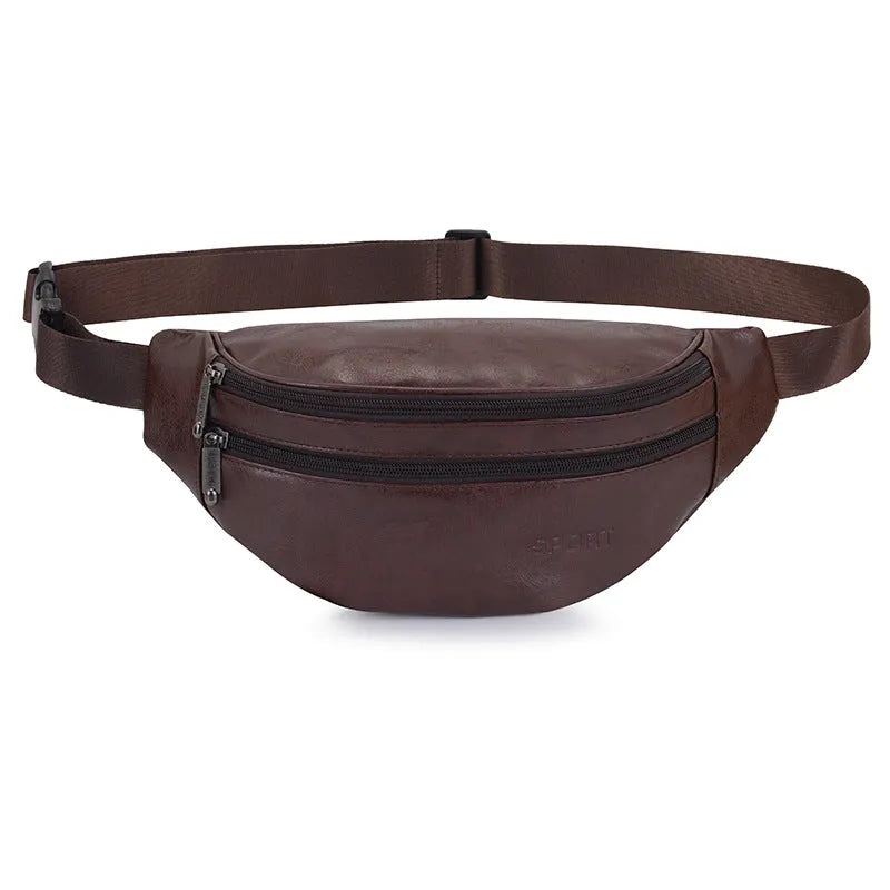 Retro PU leather casual men's waist bag in black, brown, and red colours for daily matching
