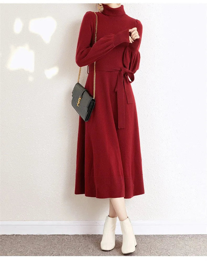 Turtleneck knitted dress with elastic waist and loose big hem in rose red colour