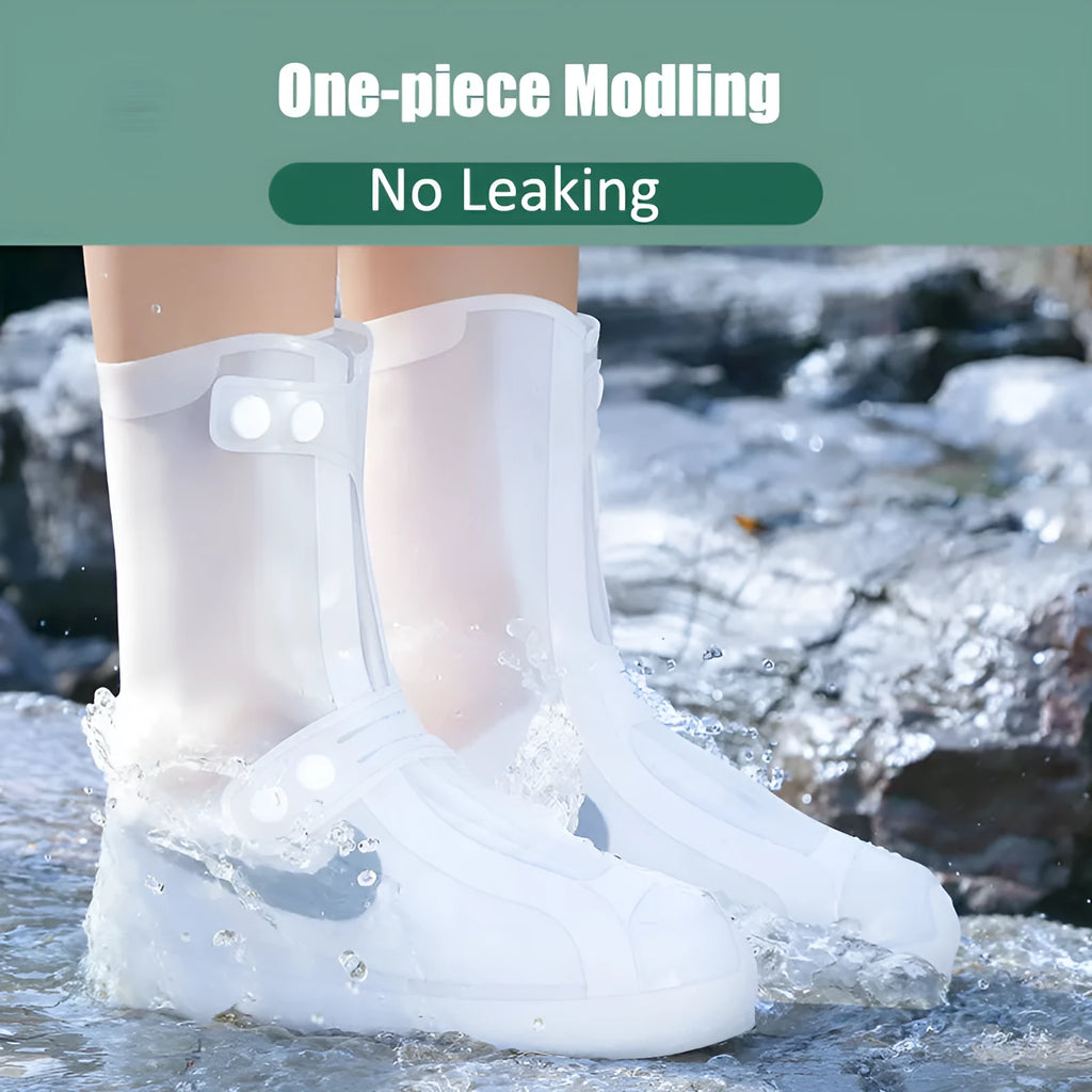 White high-top PVC reusable waterproof shoe covers for women with size chart showing measurements