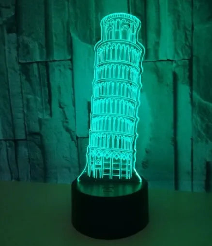 Leaning Tower of Pisa 3D acrylic LED nightlight showing multicolour illumination on black base
